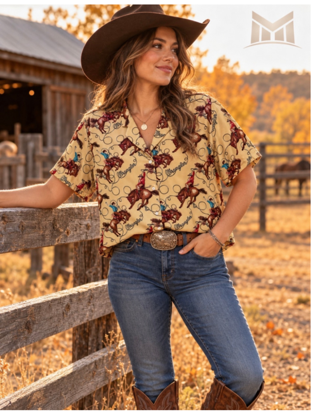 Wrangler Retro Women’s XL Cropped Western Rodeo Horse Print Camp Shirt